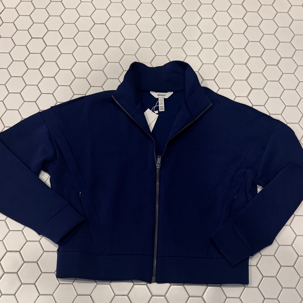 NWT SPANX Full Zip Track Jacket Women's Blue Zip-Up Jacket- midnight navy - Picture 3 of 6